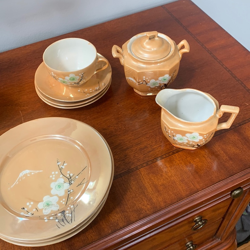 ⭐️FULL SET⭐️ Vintage Japanese Lusterware~Hand Painted~White Cherry Blossoms~1950